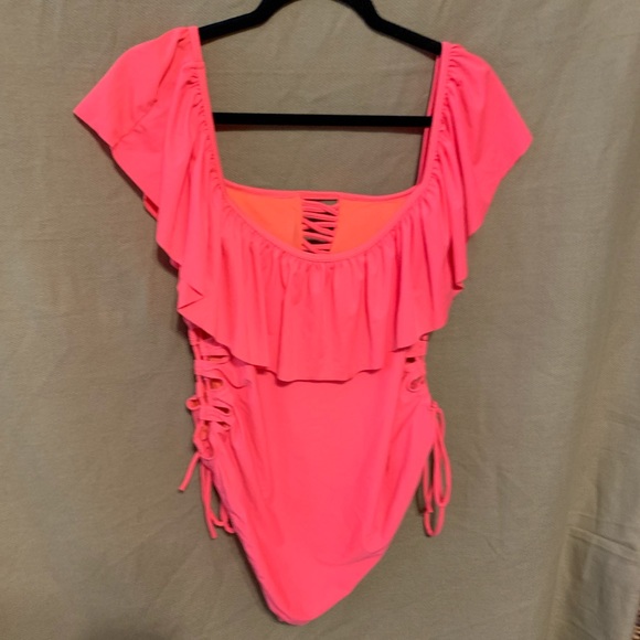 Sz 1X Coral Tropics Apollo coral pink one piece swimsuit - Picture 4 of 11